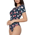 thumbnail image 2 of KLL Women 's Crew Neck Bodysuit Jumpsuits Cherry Blossoms Print Short onesies Stretch T Shirts, 2 of 7