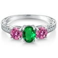 thumbnail image 3 of Gem Stone King 925 Sterling Silver 3-Stone Ring Oval Green Nano Emerald and Vivid Pink Moissanite (1.72 Cttw, Size 8), 3 of 6