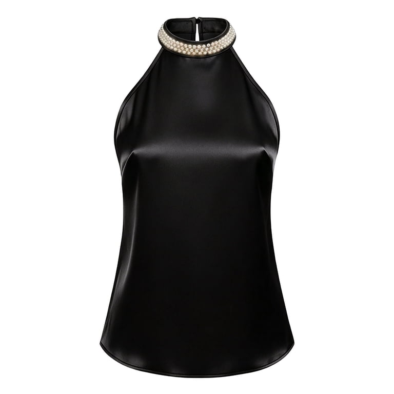 YueHuiYing Women's Pearl Detail Satin Off-Shoulder Camisole