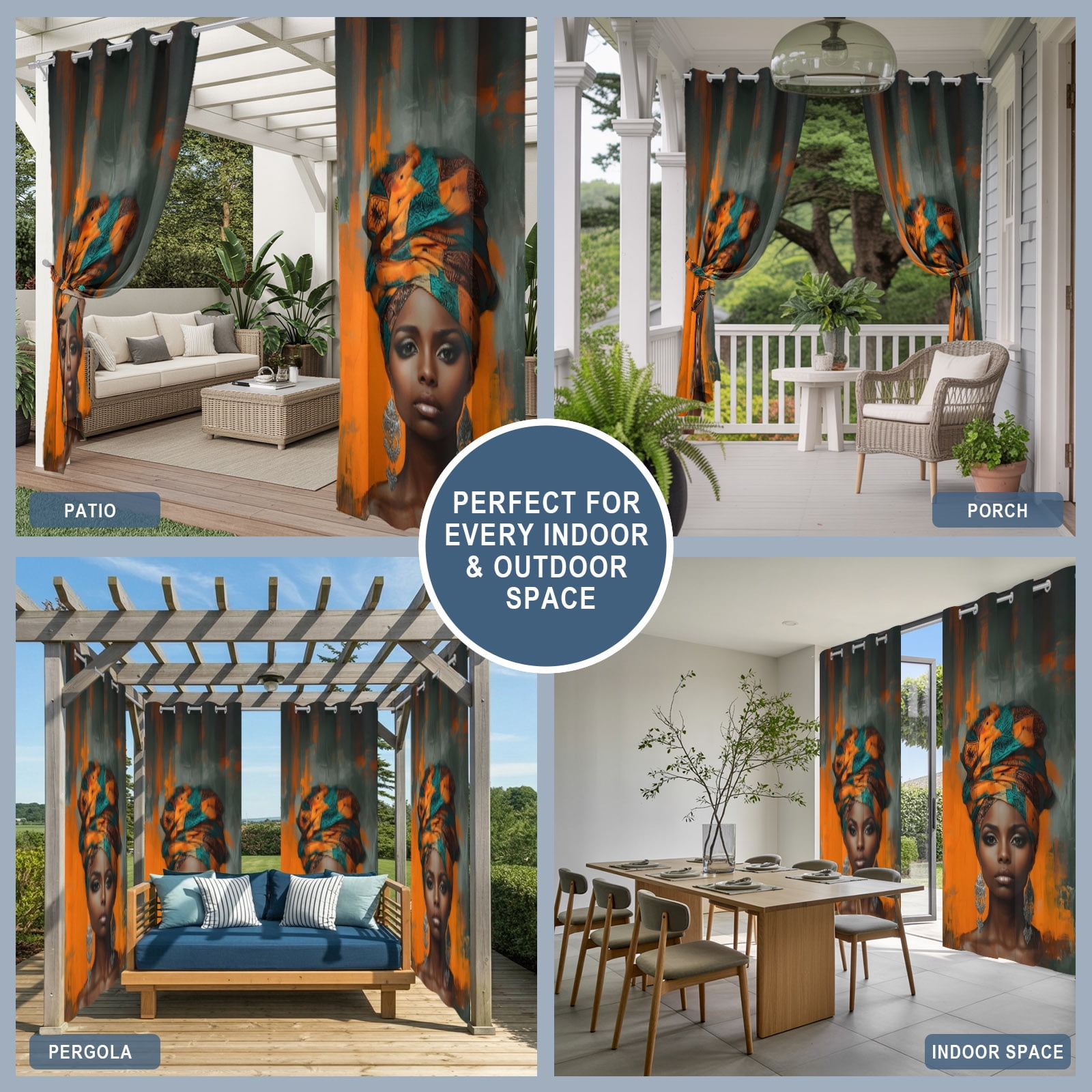 African Woman with Beauty Turban Outdoor Curtains for Patio, Portrait Orange Gray Graffiti Sunshade Privacy Drapes Grommet Waterproof Outside Curtains for Porch/Cabana/Balcony 54"x 108", 1 Panel