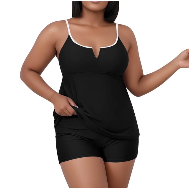 Plus Size Swimsuits for Women Solid Color Two Piece with Tank Top & Removable Pads, Casual Oversized Beach Clothing
