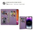 thumbnail image 3 of TECH CIRCLE Cute Shiny Flip Wallet Case with Wrist Strap for iPhone 16 (2024 Release) 6.1", Built-in Stand, 9 Card Slots, Zipper Pocket, PU Leather Protective Lightweight Cover, Purple, 3 of 8