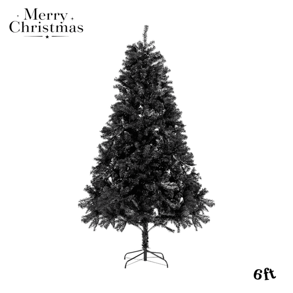 Black Unlit Artificial Xmas Tree, 6FT Premium PVC Hinged Branch Christmas Tree with Sturdy Metal Stand, Modern Holiday Décor for Home, Office, or Halloween Party