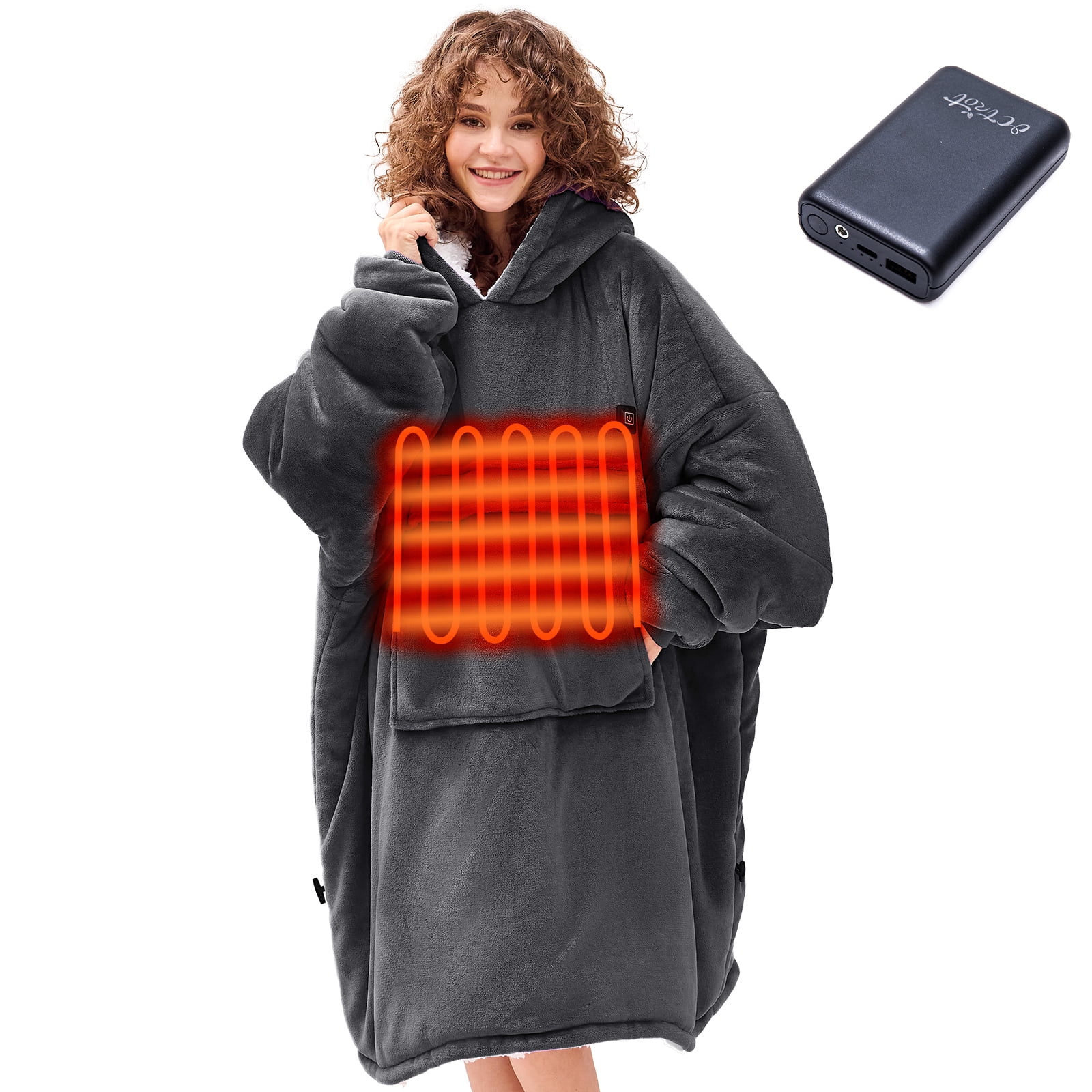 PMONPA Heated Wearable Blanket, Oversized Wearable Heated Blanket for Adult Extra Long Version, Sherpa Fleece Blanket Hoodie, One Size, Grey