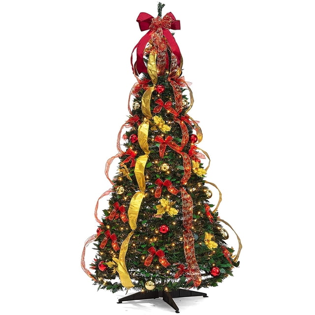 Árbol de Navidad Prextex Premium de 6 pies con 350 luces cálidas doradas y rojas
