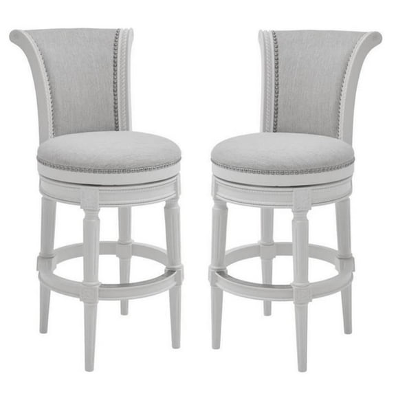 Home Square 2 Piece Upholstered Wood Bar Height Swivel Barstool Set in White