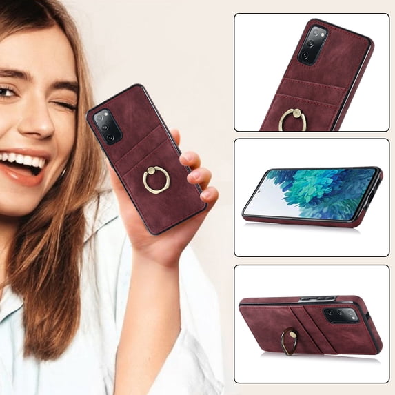 Slim Fit Case for Samsung Galaxy S20 FE 6.5 Inch with Ring Holder Bracket Card Slots Cover, Soft TPU Bumper Shockproof PU Leather Non-Slip Protective Phone Case for Samsung Galaxy S20 FE,Winered