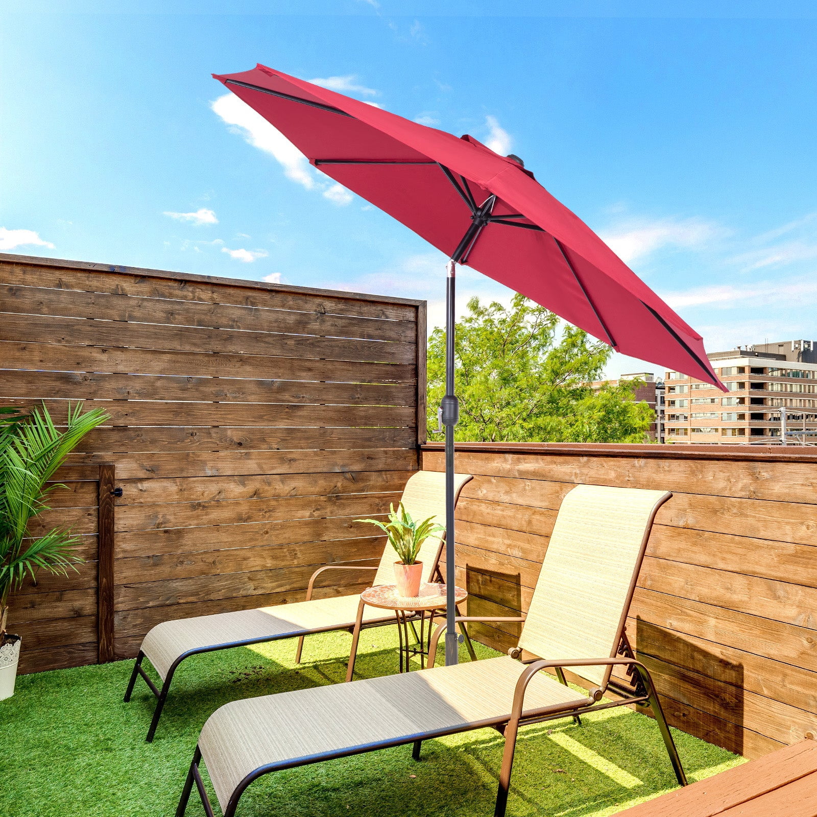 Backyard Expressions 9 ft Market Patio Umbrella UV Resistant Canopy with 8 Rib Support Frame and Push Button Tilt and Crank Lift Red