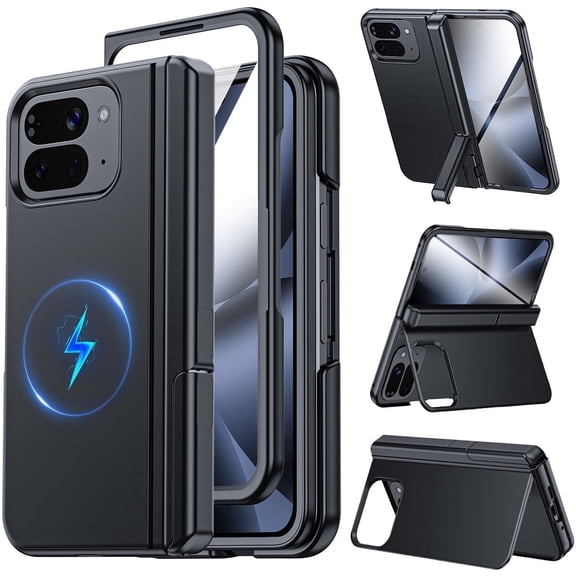 Vizvera Magnetic for Google Pixel 10 Pro Fold Case with Stand, Fit for Magsafe, Hinge Protection, Screen Protector, Built-in Hidden Kickstand, Slim Shockproof Phone Case-Black