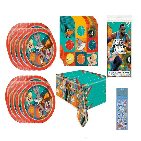 Space Jam Birthday Party Supplies Bundle Pack for 16 includes 16 Dessert Cake Paper Plates, 16 Napkins, 1 Table Cover, 1 Dinosaur Sticker Sheet (Bundle for 16)