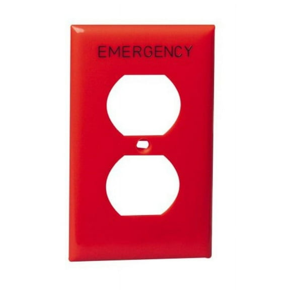 Leviton 80703-RE 1-Gang Duplex Device Receptacle Wallplate, Standard Size, Thermoplastic Nylon, Device Mount, Hot Stamped "Emergency", Red