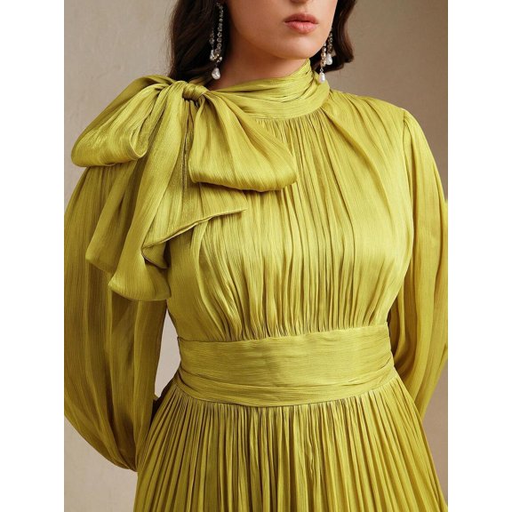 Womens Shiny Mustard Yellow Long Sleeve Pleated Maxi Dress