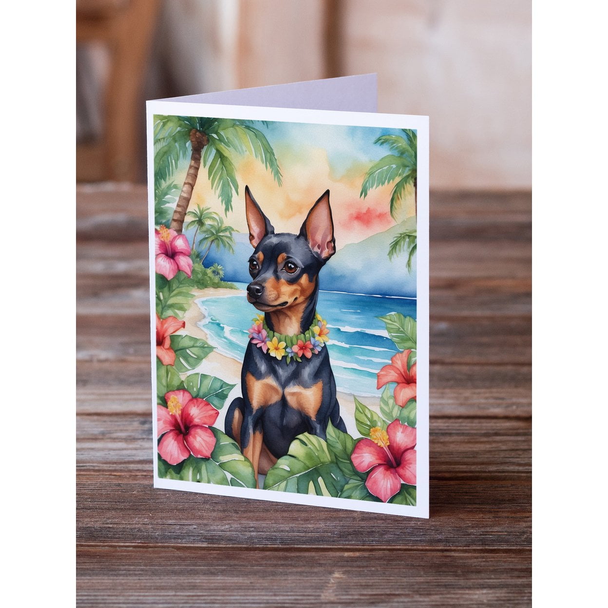 Miniature Pinscher Luau Greeting Cards Pack of 8 7 in x 5 in