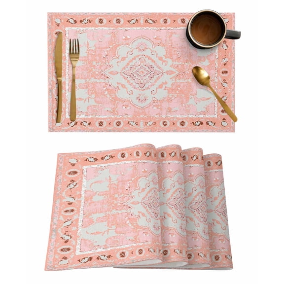 Placemats Set of 8, Pink Boho Woven Placemat, Linen Place Mats for Kitchen/Dining Tables, Vintage Abstract Tribal Decorative Oriental Washable Table Mats for Party