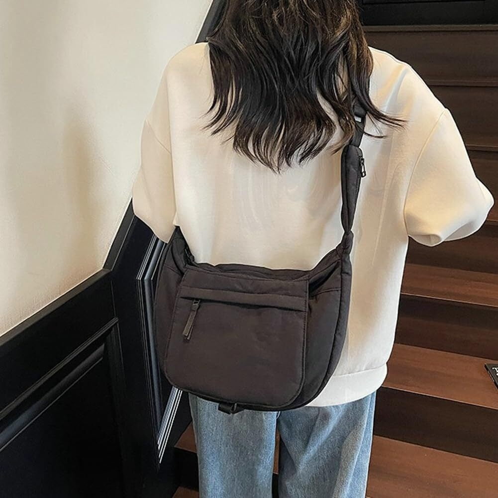 LKJYER Slouchy Nylon Bags for Women 2025 Crescent Crossbody Bag Hobo Shoulder Purse Work Travel Tote Handbag Everyday Purses