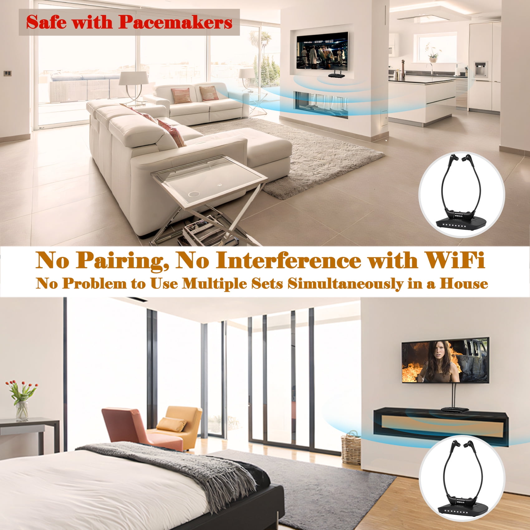 SIMOLIO Digital Wireless Headphones for TV, TV Hearing Devices with Voice Highlighting, Balance and Tone Controls for Seniors and Hearing Impaired (New)