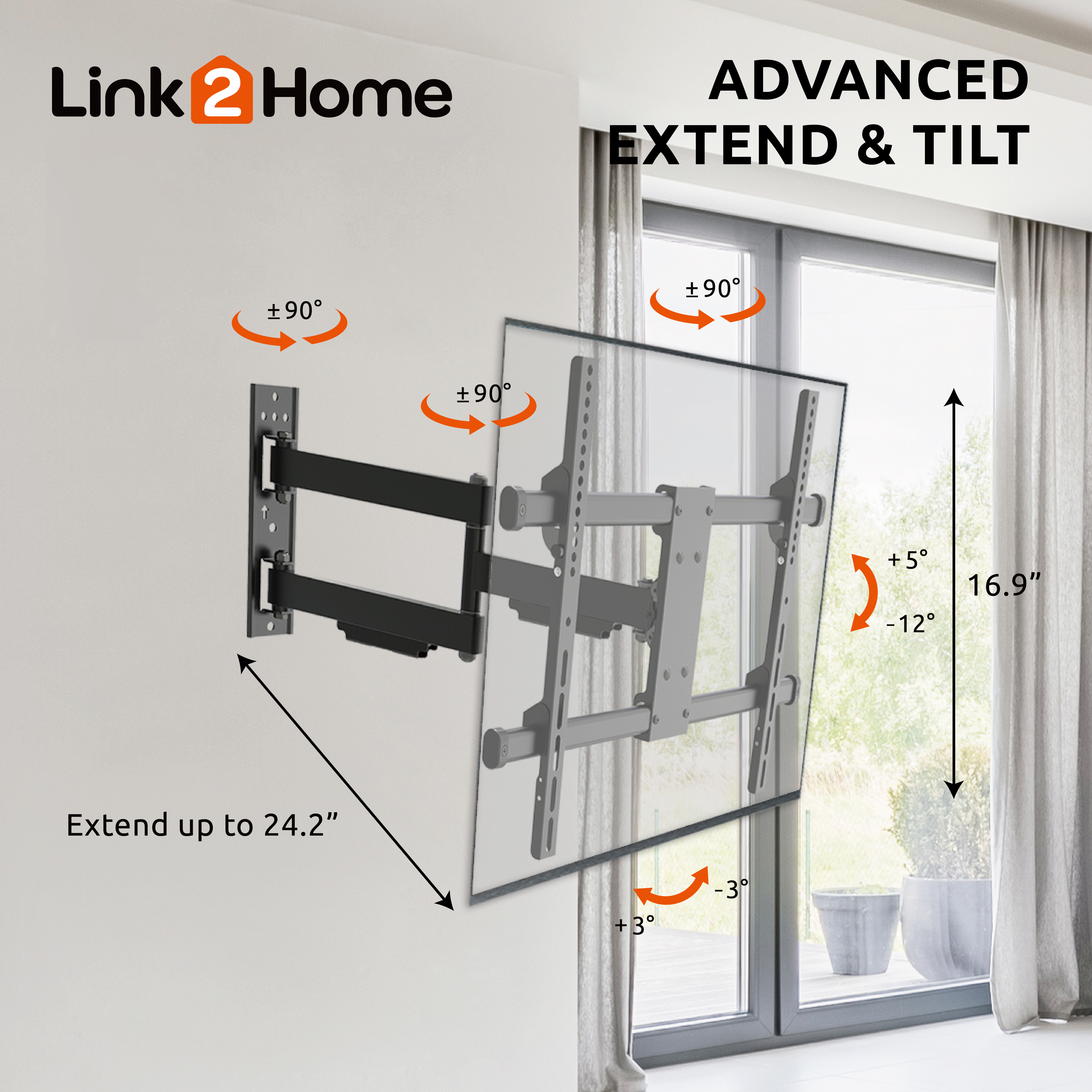 Link2Home Full Motion TV Wall Mount for 32–90 inch TVs, Up to 100 lbs.