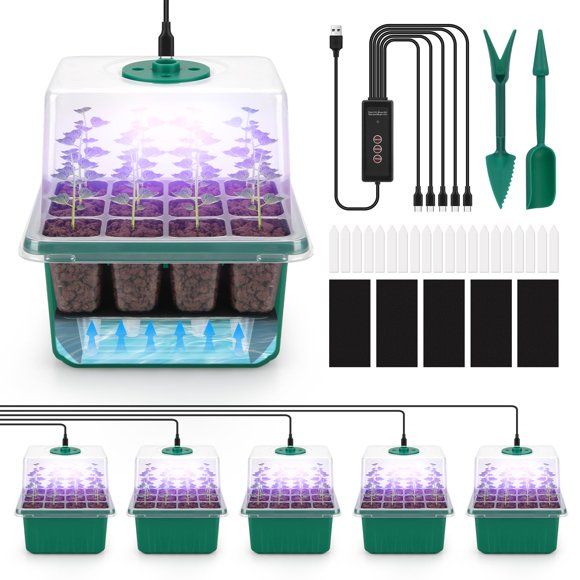 BlumWay Self-Watering Seed Starter Tray with Grow Light,5 Pack 60 Cell Seed Starter Kit with Humidity Dome for Seed Starting,Reusable Plant