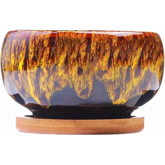 Tesyar 4 Inch Drip Glaze Ceramic Succulent Pot, Shallow Planter with Drainage Hole & Bamboo Tray for Indoor Cactus Bonsai (Yellow)