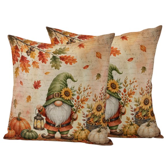 Thanksgiving Gnomes Outdoor Waterproof Pillow Covers, Fall Orange Pumpkin Maple Leaves Decorative Square Throw Pillowcase Sofa Cushion Sham for Patio/Couch/Chair, 16"x16" 2 Pack