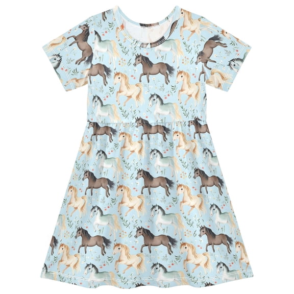 joogoo Cute Watercolor Horse Girls' Short Sleeve Dress Kids Dresses 5-6T