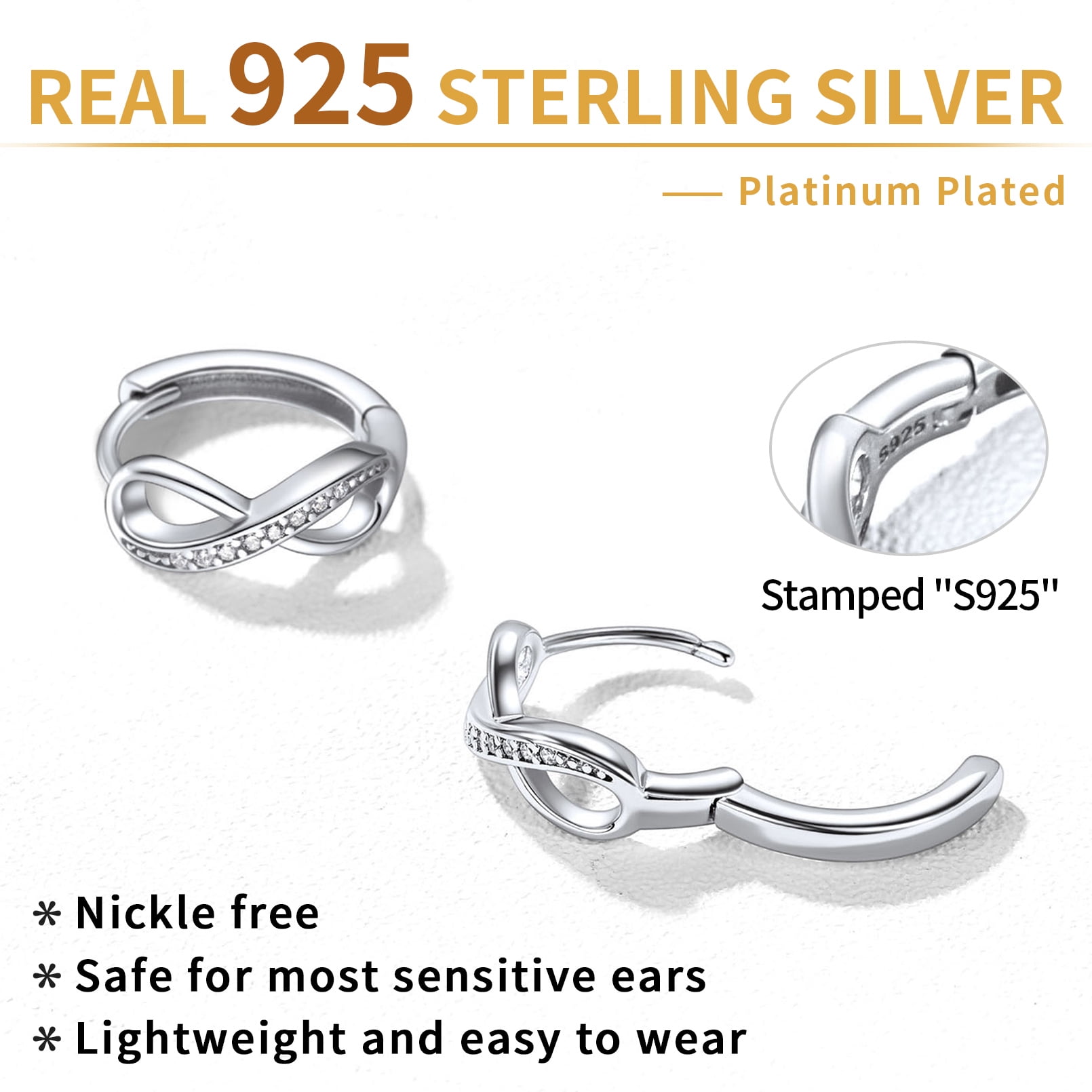 ChicSilver Infinity Small Hoop Earrings 925 Sterling Silver CZ Huggie Earrings for Women Hypoallergenic Christmas Gift Jewelry for Her