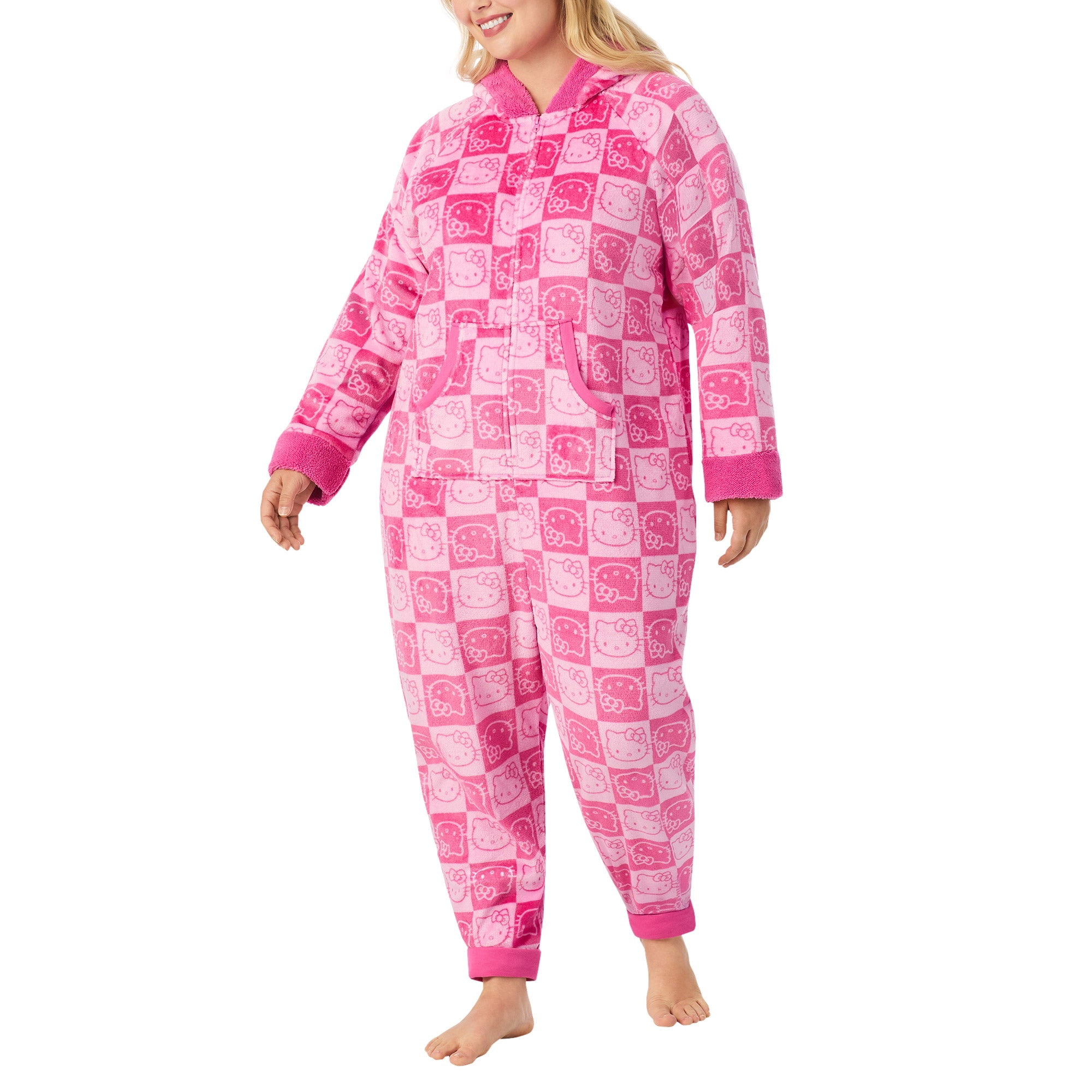 Women's One-Piece Onesie Cozy Lounge Fleece Pajama in Pink / Hello Kitty Sanrio (L)