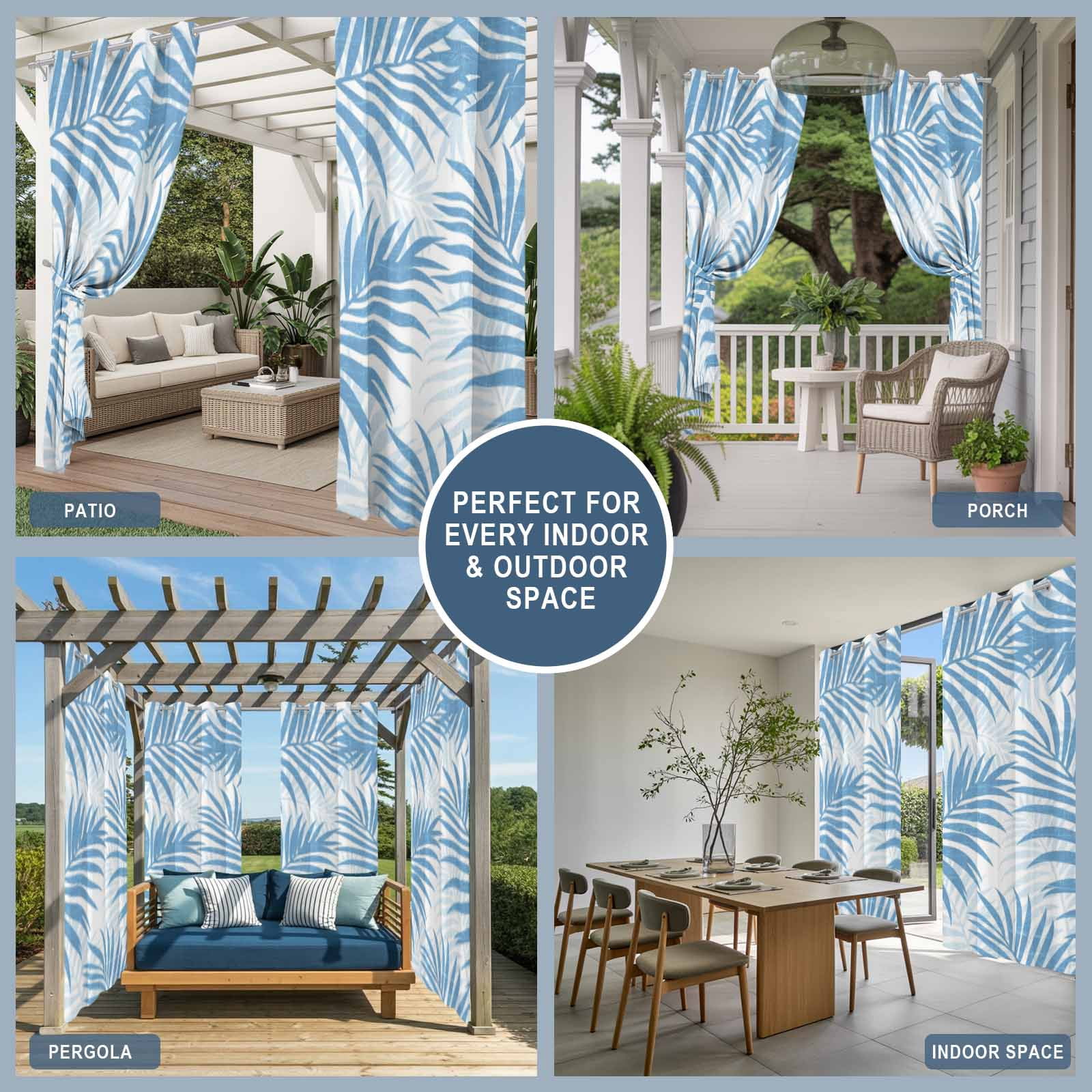 Sky Blue Palm Leaves Outdoor Curtains for Patio, Summer Botanical Tropical Plant Rustic Sunshade Privacy Drapes Grommet Waterproof Outside Curtains for Porch/Cabana/Balcony 54"x 108", 1 Panel