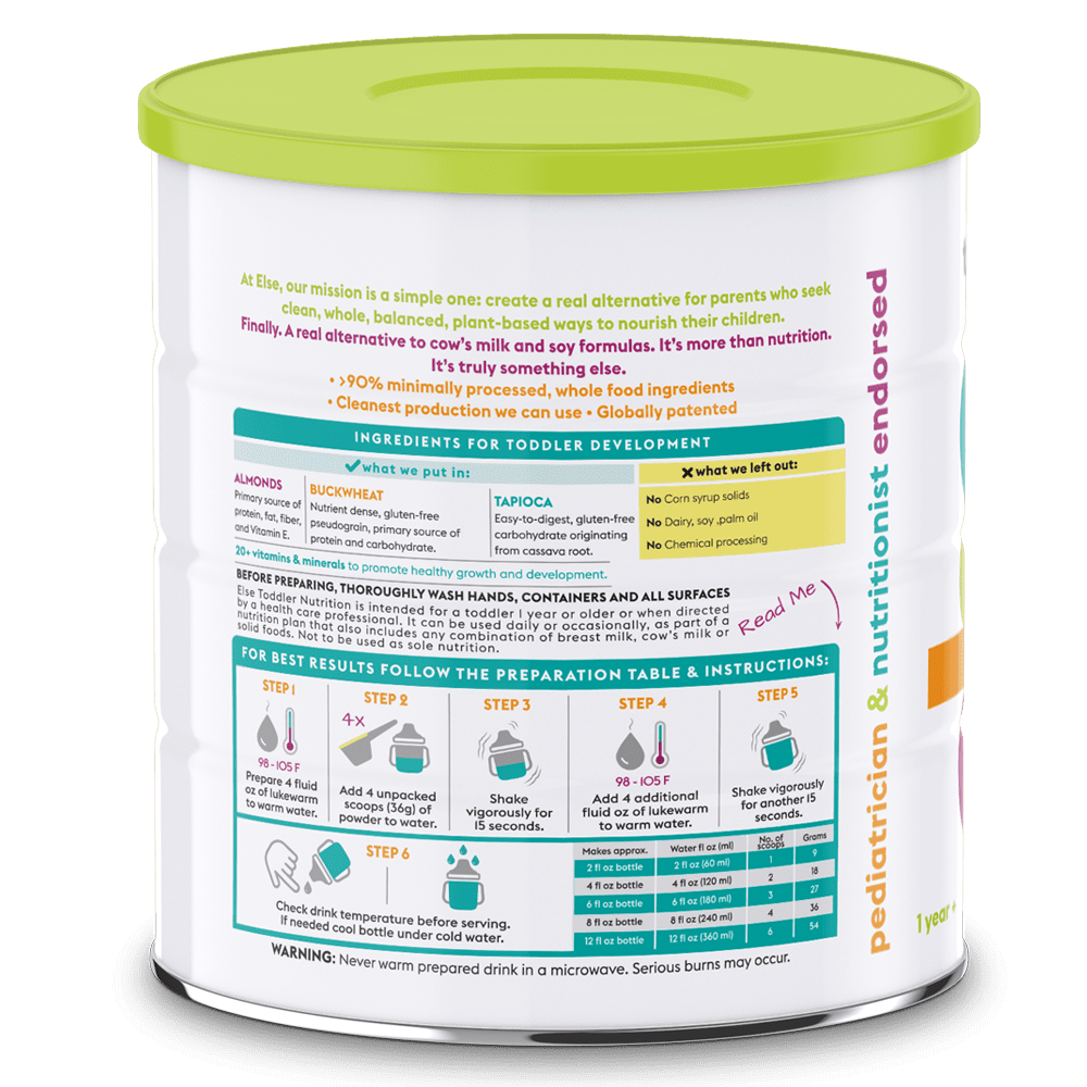 Else Nutrition Toddler Plant-Based Organic Formula Powder, Low Sugar, Clean Label, Non-GMO, 22oz Can