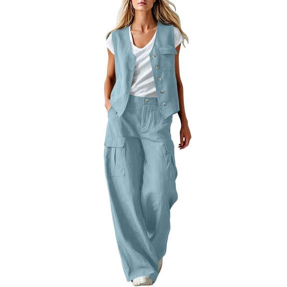 TEAJOPSUU Women's 2 Piece Linen Cotton Outfits Sets V Neck Button Vintage Vests Cargo Wide Leg Palazzo Pants with Pockets Matching Solid Sets Light Blue