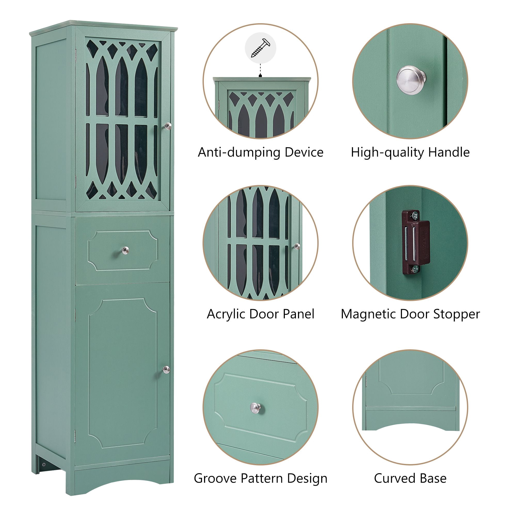 DEALTOPS Modern Bathroom Cabinet with Drawer and 2 Cabinets, Slim Freestanding Storage Cabinet with adjustable shelf for Bathroom - Green