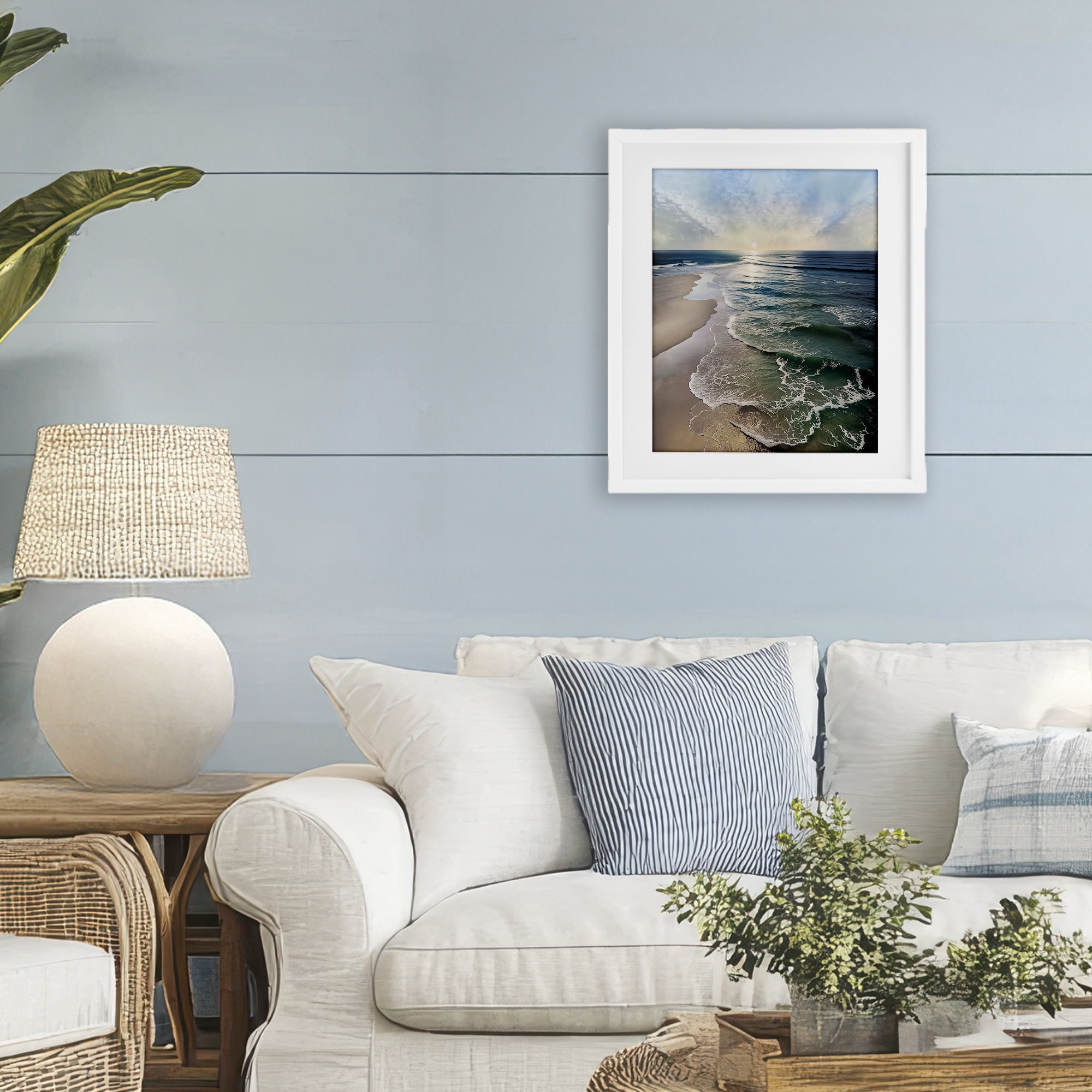 Stupell Industries Tranquil Shoreline with Soft Light White Framed Print Under Glass, design by Mike Calascibetta