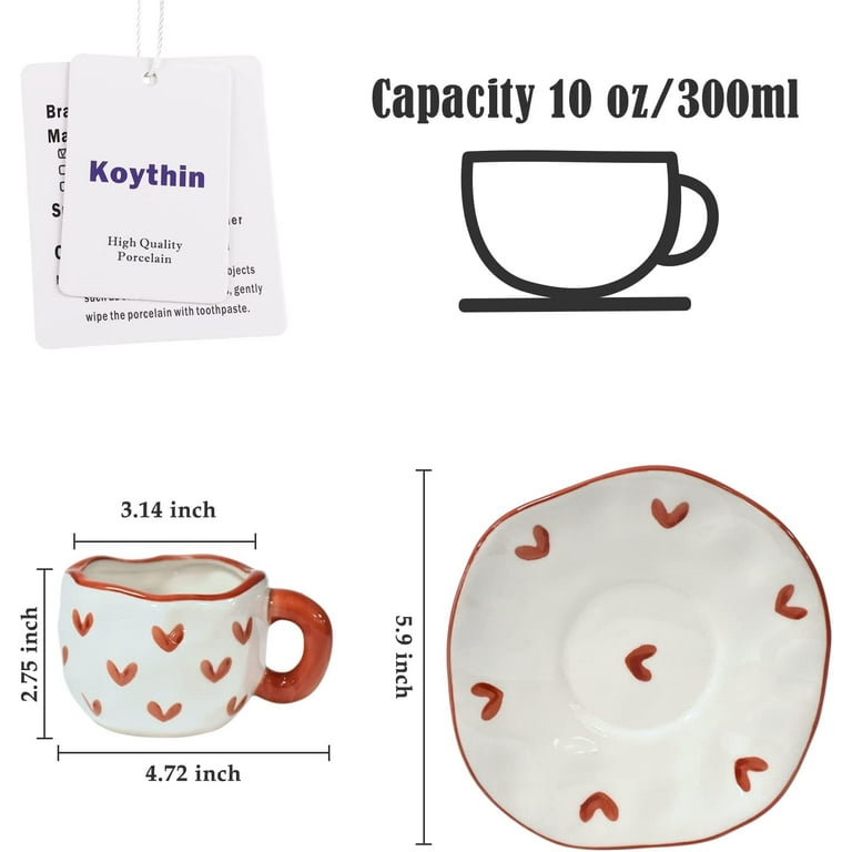 DanceeMangoos Ceramic Coffee Mug with Saucer Set, Cute Creative Cup Unique  Irregular Design for Office and Home, Dishwasher and Microwave Safe, 10  oz/300 ml for Latte Tea Milk (Red Heart) 