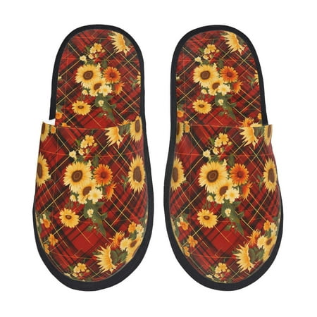 Balery Red Plaid Sunflower Slient Indoor Furry Fleece Comfort House Shoes Soft Non-Slip Home Shoes Cotton slippers House Slippers-- Large