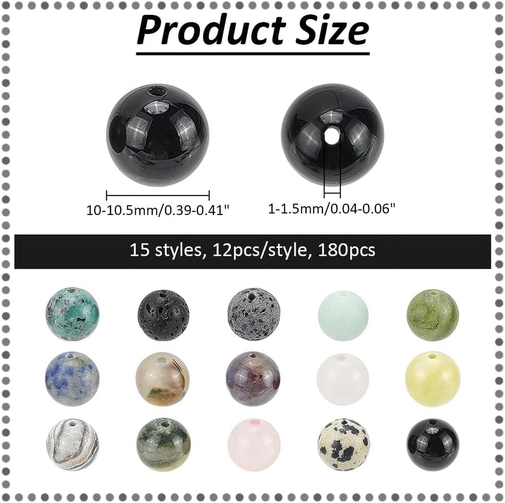 About 180 Pcs 15 Styles Natural Stone Beads 10-10.5mm Round Spacer Beads Natural Loose Beads Round Gemstone Beads for DIY Craft Bracelet Jewelry Making Hole: 1-1.5mm Small Mixed Color