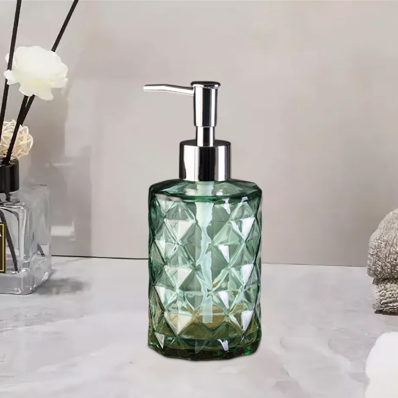 YiJuHui 3pcs Refillable Glass Soap Dispenser Pump Bottle with Diamond Pattern Design for Kitchen and Bathroom Decor