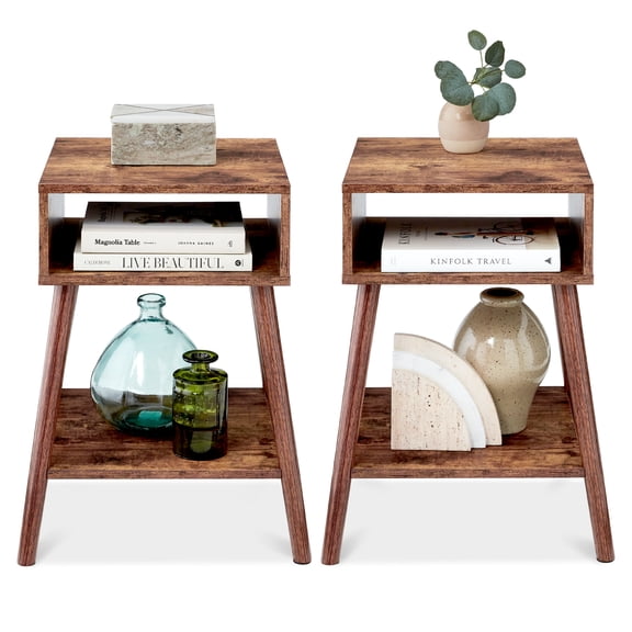 Best Choice Products Set of 2 Mid-Century Modern End Tables w/ Cubby Storage, Lower Shelf, Offset Legs - Brown