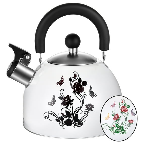 ARC Stainless Steel Whistling Tea Kettle - White - Magic Color Changing Design Tea Pot - 2QT Ergonomic Handle Stovetop Whistle Kettle - Free Folding Cup and Trivet Mat Included