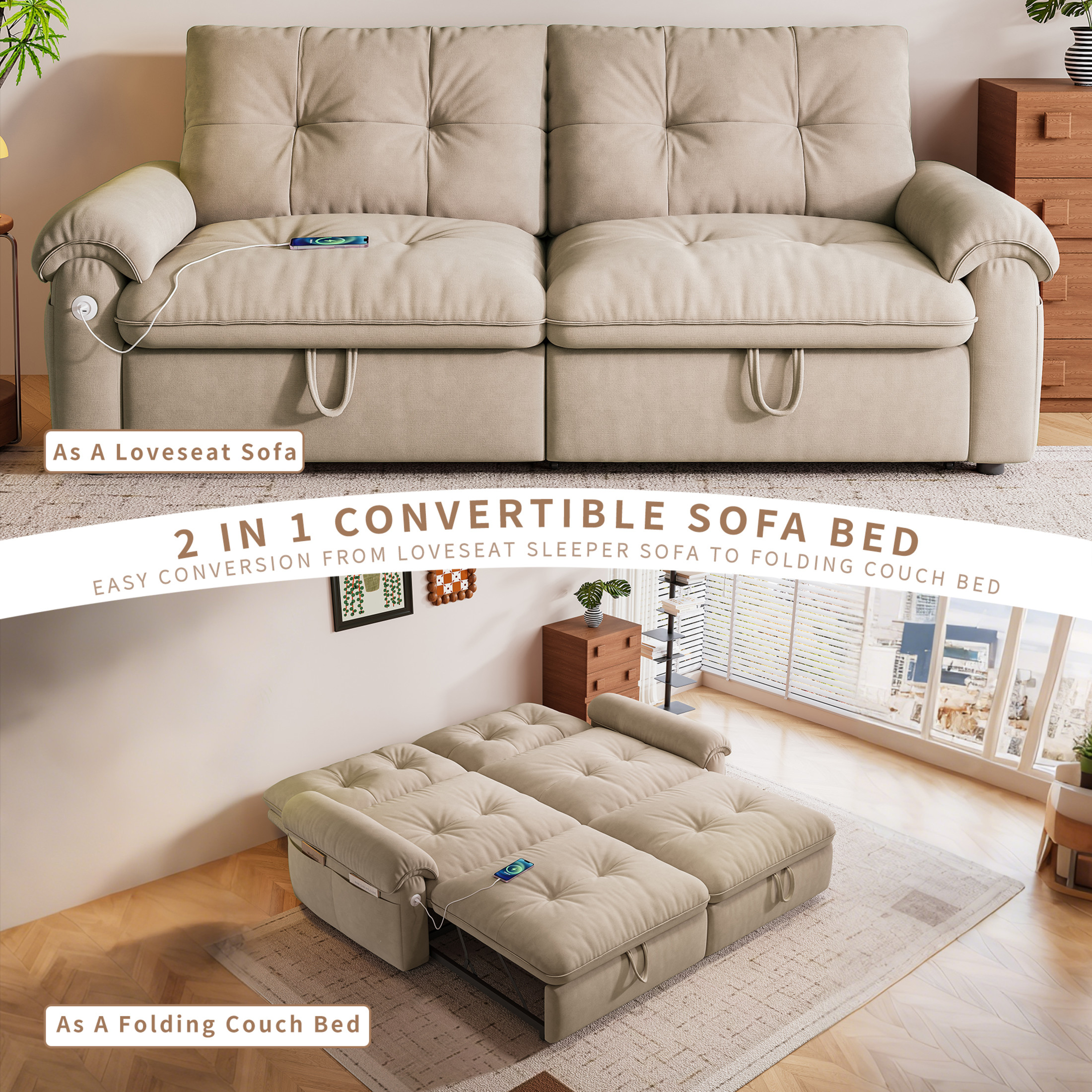 Noble House 77" Modern Velvet Convertible Sofa Bed, Pull Out Loveseat with Adjustable Backrest & USB Ports, Brown