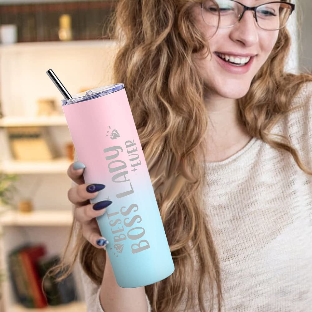 Boss Lady Tumbler - 20oz Rose Gold Stainless Steel Wine Cup With Straw | Perfect Women Gifts For Work