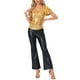 thumbnail image 2 of INSPIRAR CHIC Blusa de Mujer con Cuello en V, Mangas Cortas con Volantes, Brillante, Metálica, Envoltura para Fiesta, Talla S, Dorado, 2 of 6
