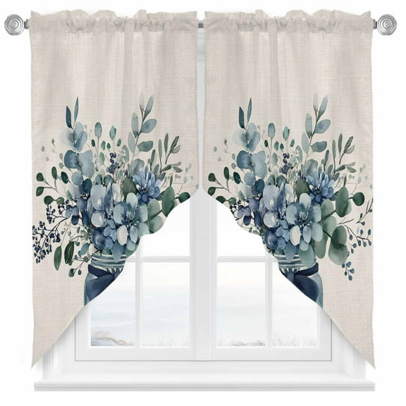 Blue Floral Swag Valances for Windows 2 Pack Pastoral Eucalyptus Leaf Bow Vase Swag Kitchen Curtains 45 Inches Long Rod Pocket Short Window Treatment for Kitchen Bathroom 36"x45"