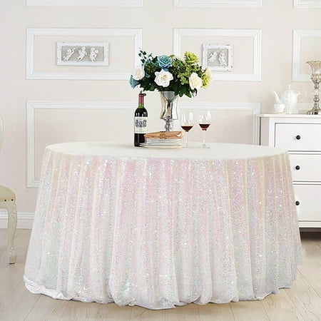 

yuboo White Iridescent Sequin Tablecloth 90 inch Round Sparkly Glitter Table Cover for Baby Bridal Shower Bachelorette Party Supplies Wedding Graduation Banquet Table Decoration