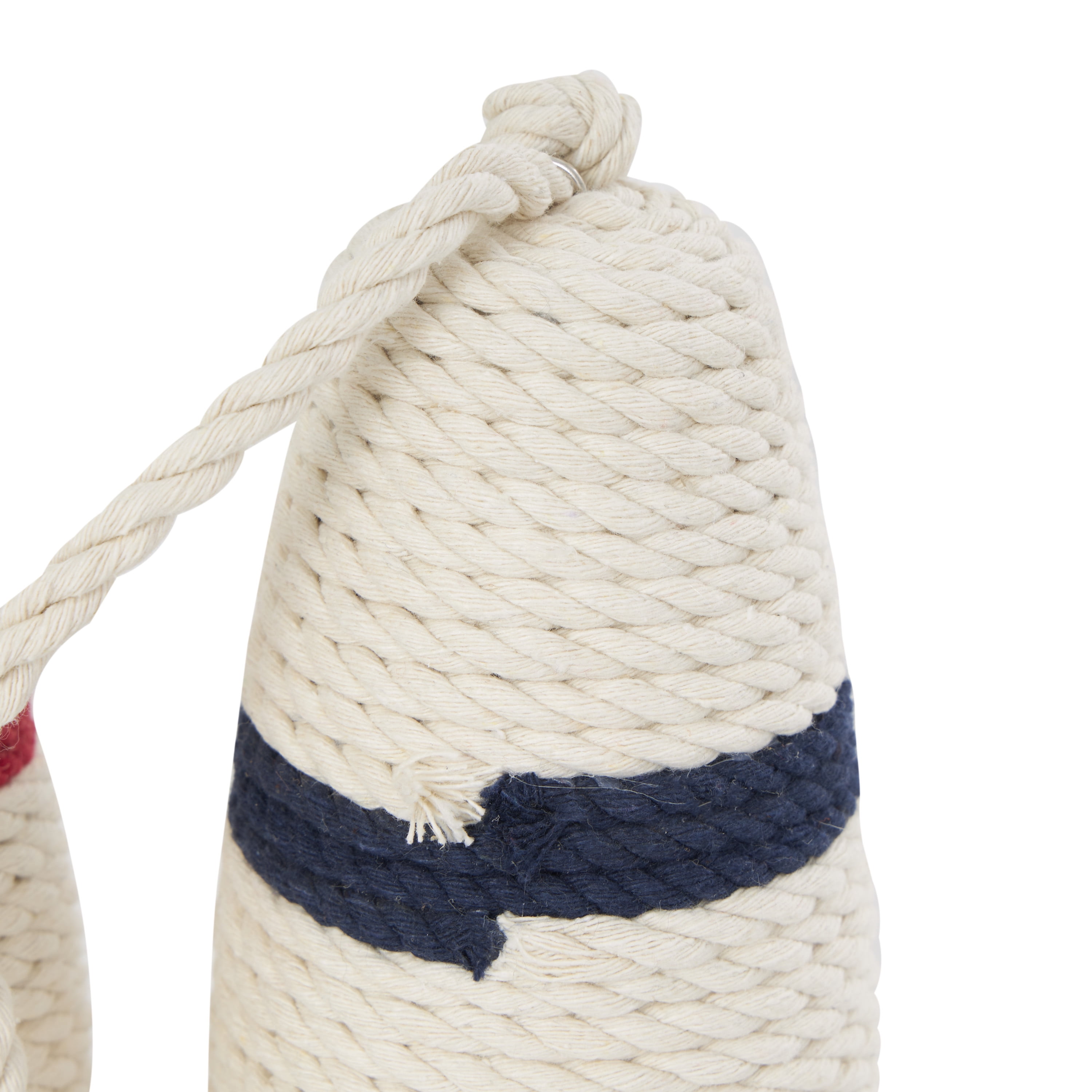 7"W, 10"H White Wood Handmade Coiled Striped Rope Buoy Sculpture with Joined Hanging Handle, by DecMode (2 Count)