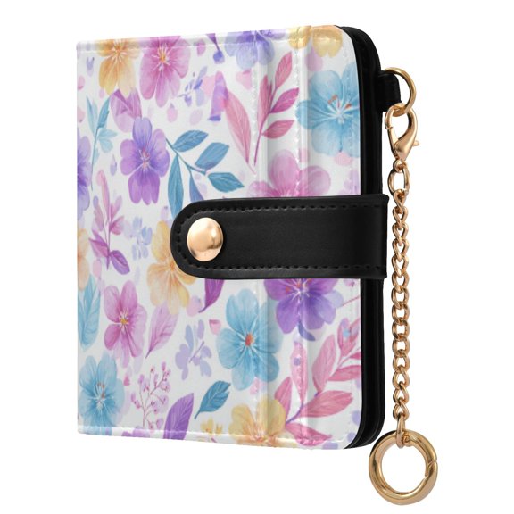 Womens Wallet PU Leather Bifold Small Purse with RFID Blocking Credit Card Holder Pink and Purple Flowers