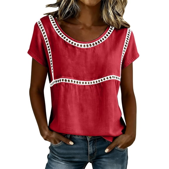YUGYXL Spring T-Shirts for Women Short Sleeve Crewneck Loose Fit Casual Summer Tops Lightweight Lace Patchwork Tee Red Tops S