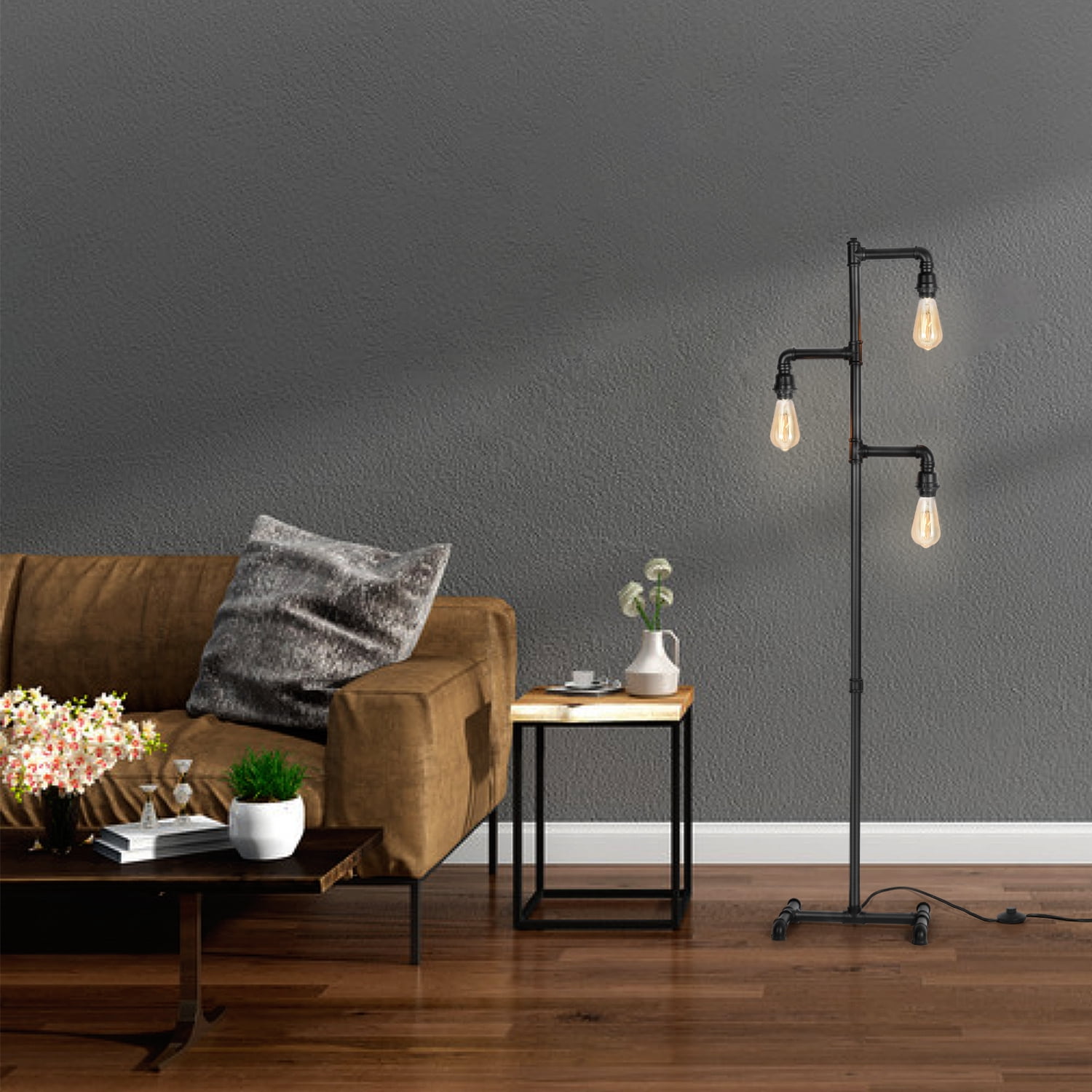 Industrial Tree Floor Lamp with 3 Adjustable Rotating Lights, E26 Edison Bulb Floor Lamp for Living Room, Bedroom, Home, Office(Bulb not Included) (Black)