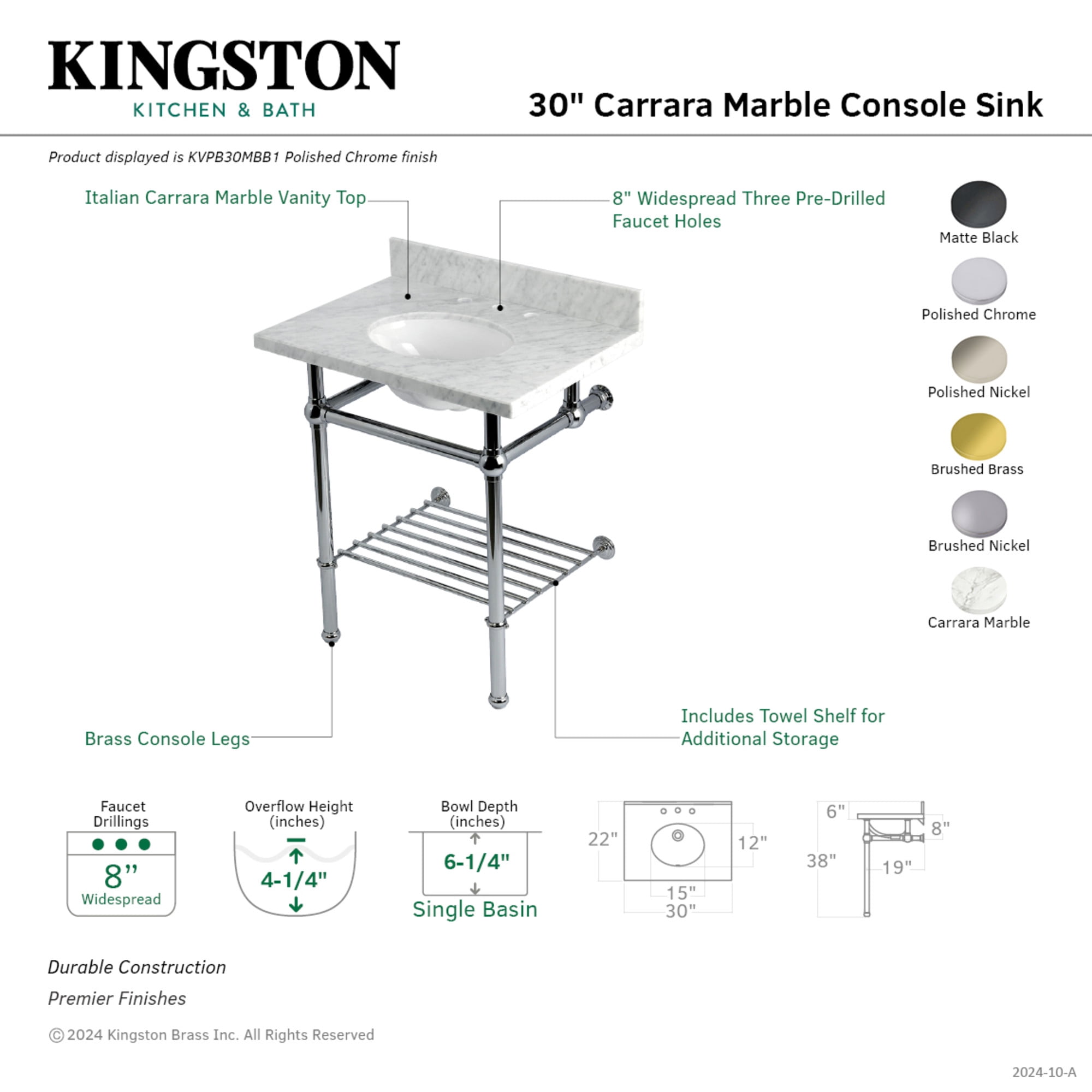 Kingston Brass KVPB30MBB0 Templeton 30" Rectangular Brass, Marble Console Bathroom Sink -