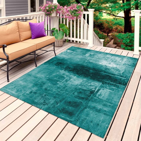 Teal Outdoor Rug 6x9 Ft, Non Slip Washable Area Rug, Retro Oil Painting Modern Abstract Art Aesthetics Patio Rugs Carpet Runner, Large Floor Mat for Indoor/Outdoor Deck Porch Camping