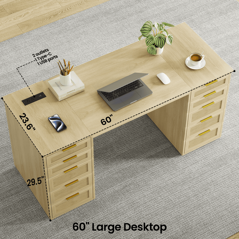60" Boho Farmhouse Home Office Desk with 10 Wooden Drawers,Natural Brown